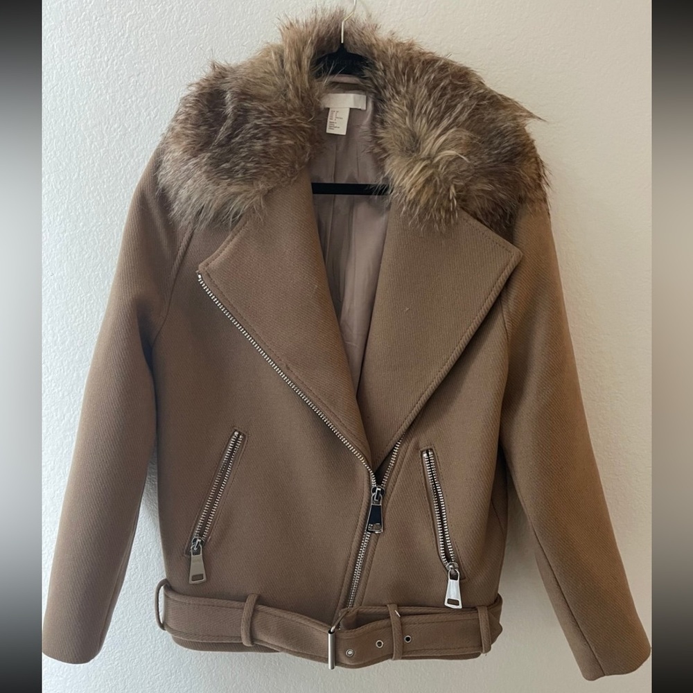 H&M Brown Jacket with Faux Fur Collar